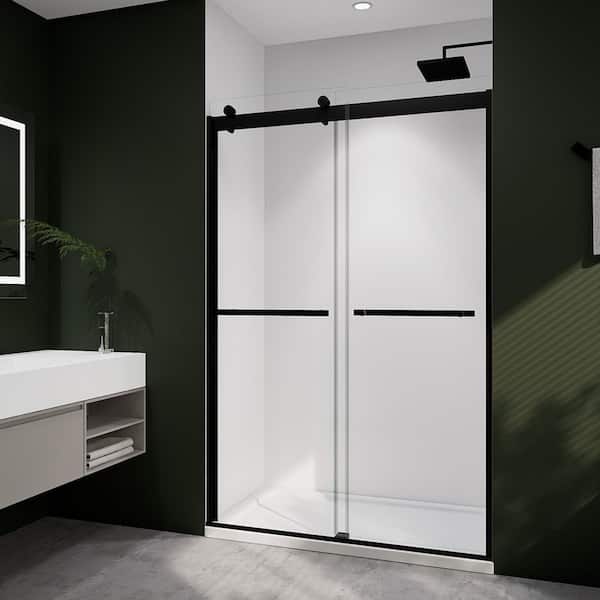 AZDHOME 44-48 in. W x 74 in. H Dual Sliding Frameless Soft-Close Shower Door in Matte Black with (8 mm) Clear Glass