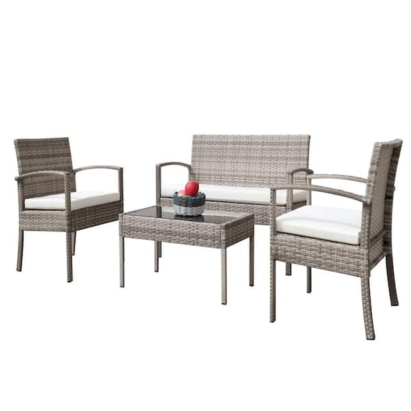 URTR Coffee Brown 4-Piece PE Wicker Patio Conversation Set Outdoor Furniture Set, Table and Armchairs Set, Beige Cushion