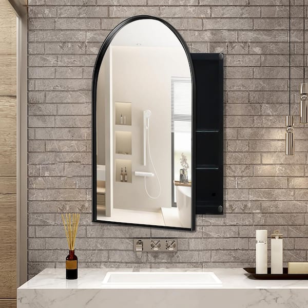 Aoibox 24 in. W x 36 in. H Arched Metal Medicine Cabinet with Mirror and Adjustable Shelves in Matte Black for Bathroom