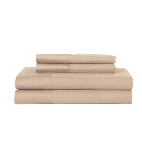 PERTHSHIRE Platinum 4-Piece Taupe Striped 380 Thread Count Cotton King Sheet Set