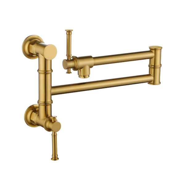 Modern Brass Pot Filler Two-Attachment Wall Mount Folding Kitchen Pot Filler Swing Arm in Gold