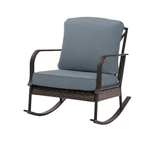Becker Dark Mocha Steel Outdoor Patio Rocking Chair with Sunbrella Denim Blue Cushions