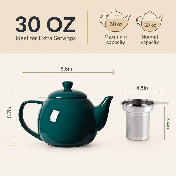 3-Cup Jade Porcelain Teapot with Removable Stainless Steel Infuser, Tea Pots for Loose Tea, Tea Infuser Pots for Gift