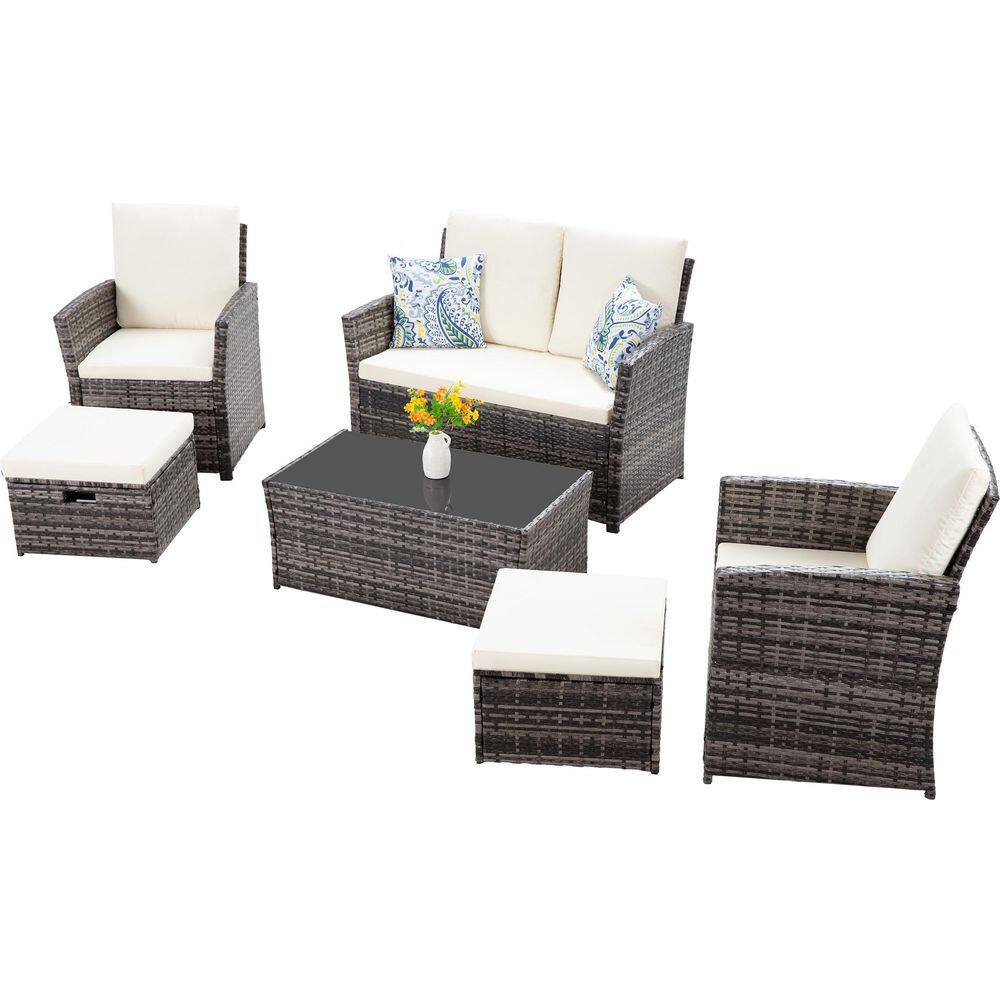 6 Pieces Wicker Patio Conversation Set, Outdoor Furniture Set with Beige Cu