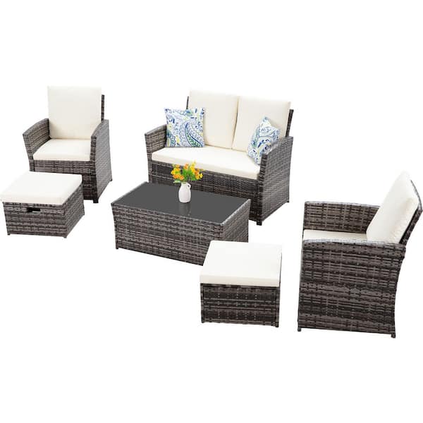 Unbranded 6 Pieces Wicker Patio Conversation Set, Outdoor Furniture Set with Beige Cushions and Ottomans