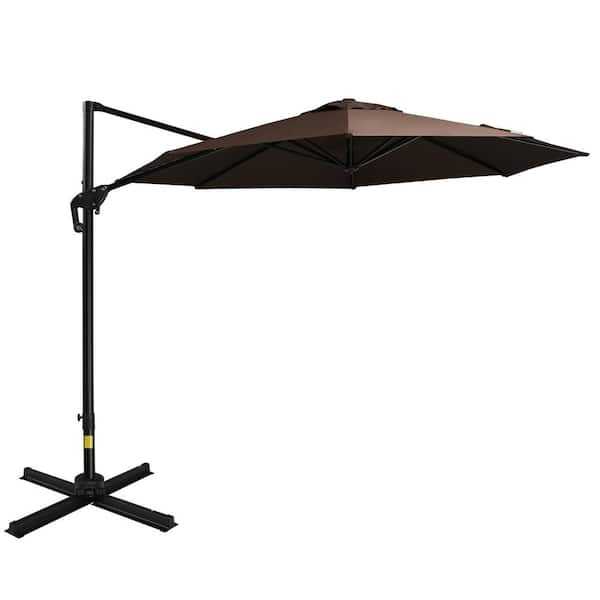 Unbranded 10 ft. Steel Cantilever Patio Umbrella w/Hanging Aluminum, 360 Rotation, Easy Tilt, 8 Ribs, Crank, Cross Base in Brown