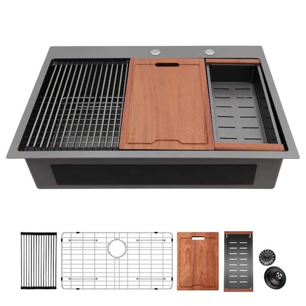 33 in. Undermount Single Bowl 16-Gauge Gunmetal Black Stainless Steel Kitchen Sink with Bottom Grids Cutting Board