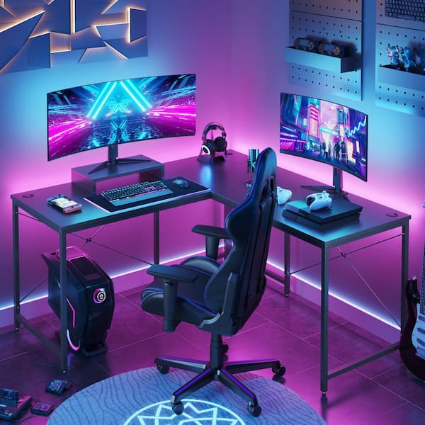 Bestier 59.45 in. Gaming Carbon Fiber L-Shaped Computer Desk with Power Outlet and Monitor stand