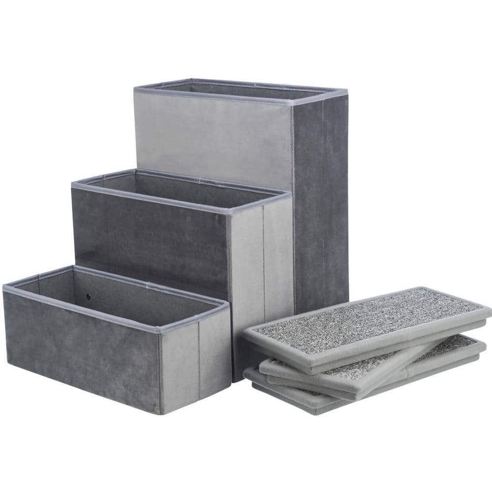Gray Velour Foldable 3-Step Pet Stairs with Storage