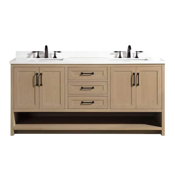 Venice 72 in. x 22 in. D x 34.5 in. H Double Bath Vanity in Oak Gray with White Quartz Vanity Top with White Basin