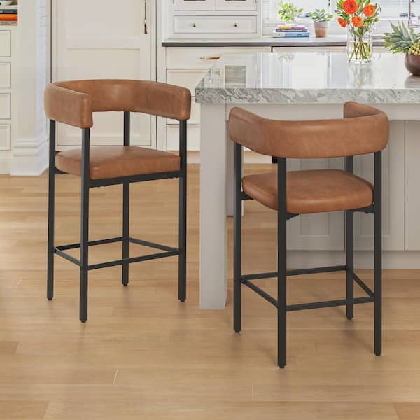 OrangeOne 26 in. Brown Faux Leather Metal Frame Bar Chair Wraparound Upholstered Counter Height Bar Stools (Set of 2)