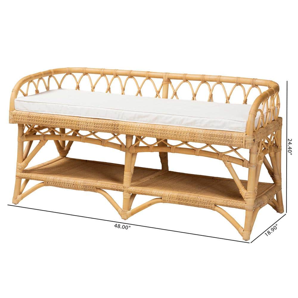 Natural Rattan Bench with Storage and Cushion
