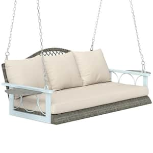 2-Person Natural Wood Wicker Hanging Outdoor Porch Swing with Cup Holder, with Cushions and Chains