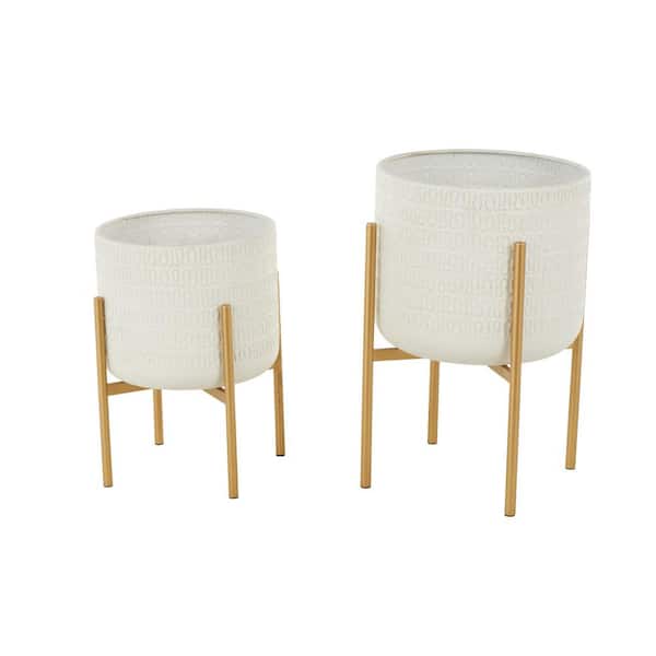 Litton Lane 21 in., and 17 in. Large White Metal Dome Planter with Gold Stand (2-Pack)