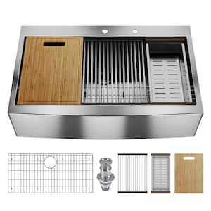 36 in. Rectangular Single Bowl Farmhouse Apron Workstation Kitchen Sink in Silver Grey Stainless Steel with Accessories