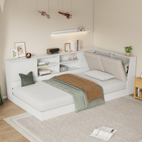 Harper & Bright Designs White Twin Size Wood Frame Daybed with Storage Bookcase, Linen Upholstered Hidden Storage Headboard, USB Charging Ports