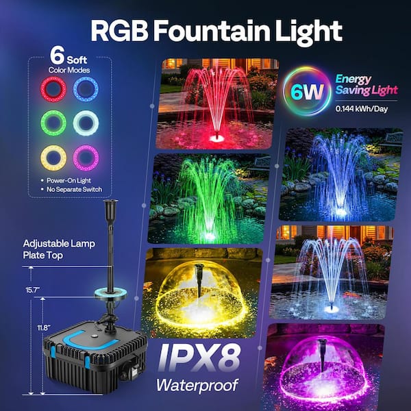VIVOHOME 900 GPH Submersible RGB Pond Filter Fountain Pump with 6