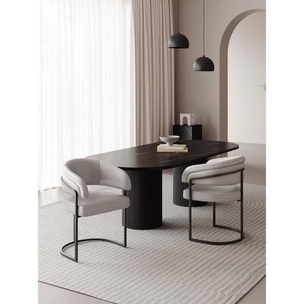 Manhattan Comfort Augusta Modern Light Gray Faux Leather Upholstered Dining Arm Chair (Set of 2)