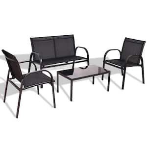 Black 4-Piece Metal Patio Conversation Seating Set with Glass Top Coffee Table
