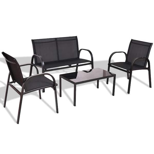 FORCLOVER Black 4-Piece Metal Patio Conversation Seating Set with Glass Top Coffee Table