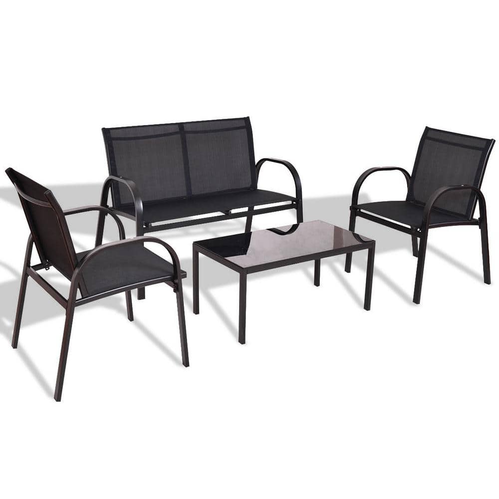 Black 4-Piece Metal Patio Conversation Set with Glass Top Coffee Table
