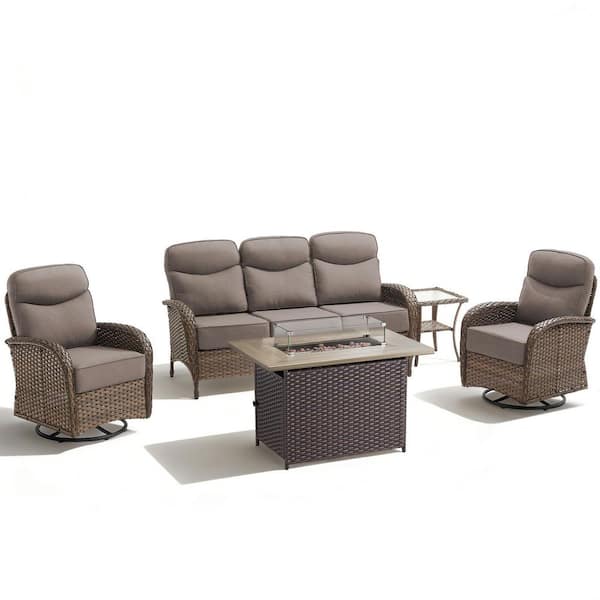 High Crescent 5-Piece Brown Wicker Patio Conversation Set with Gray Cushions and Rectangular Fire Pit Table