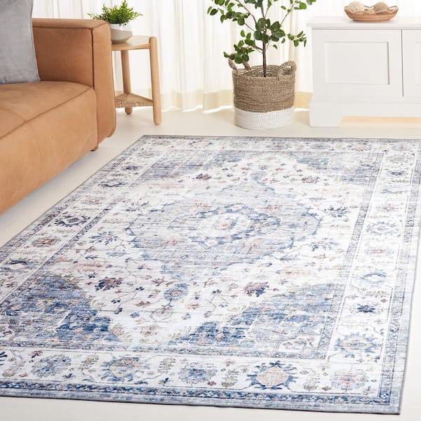 Arizona Light Blue/Ivory 6 ft. x 6 ft. Distressed Border Ornate Machine Washable Square Area Rug