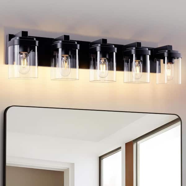 31 in. 5-Light Matte Black Vanity Light Fixtures Over Mirror Farmhouse Wall Fixture with Clear Glass Shades for Bathroom
