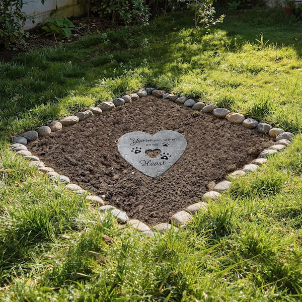 10 in. D Set of 2 Cement Heart Shaped Paw Prints and Dog Memory Stepping Stones