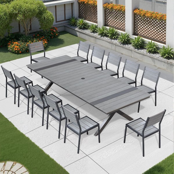 Gray 13-Piece 118 in. Aluminum Wood-Like Rectangular Patio Outdoor Dining Set with Stackable Chairs and Umbrella Hole