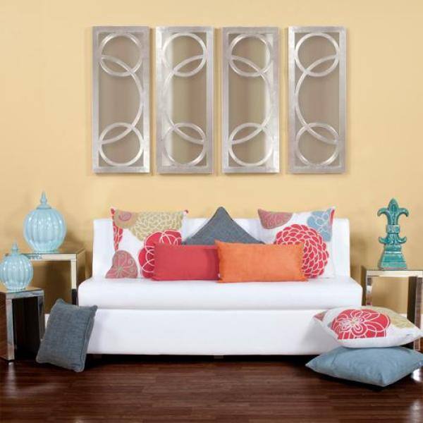 Silver Rectangular Wall Mirror with Circular Overlay, 38" x 15"
