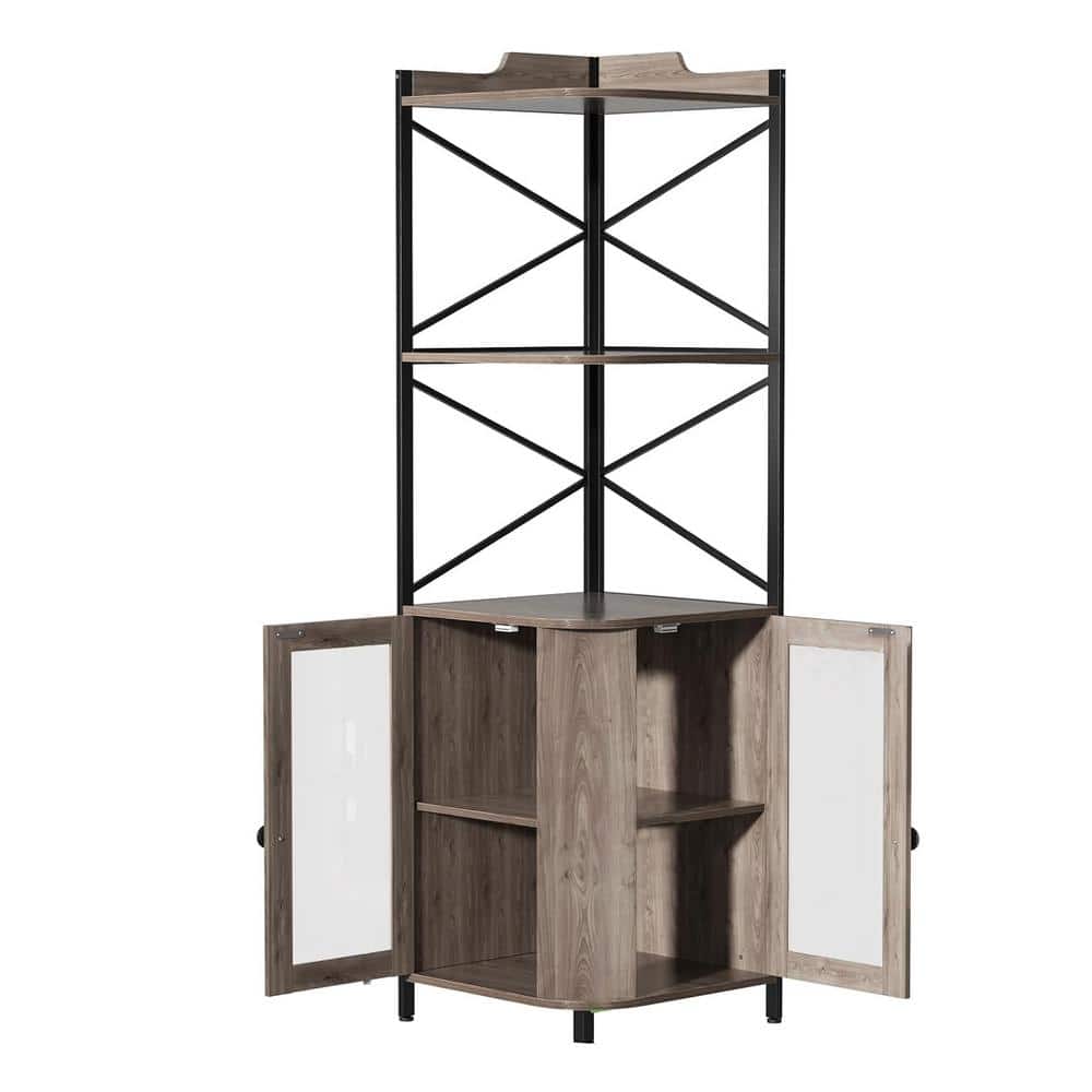30-Bottle Rustic Gray Wood Corner Bar Cabinet Wine Rack with RGB LED Light,