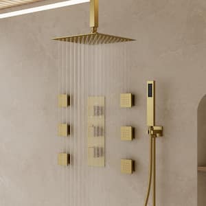 5-Spray Patterns Shower Faucet Set 12 in. Ceiling Mount Dual Shower Heads with 6-Jets in Brushed Gold (Valve Included