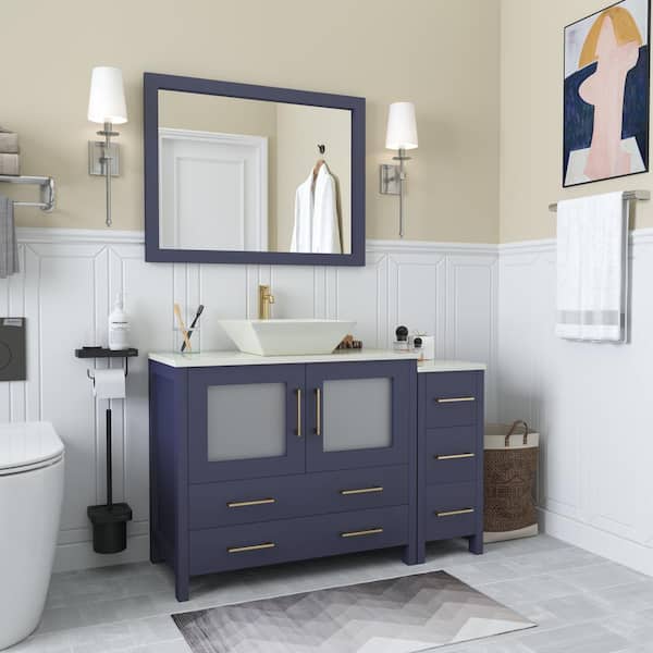 Vanity Art Ravenna 48 in. W Single Basin Bathroom Vanity in Blue with White Top in Engineered Marble Top and Mirror
