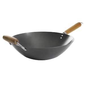 Large 14 in. Black Carbon Steel Non-Stick Gas Wok with Wook Handles
