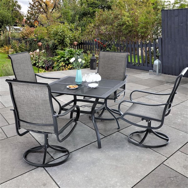 PHI VILLA Black 5-Piece Metal Square Patio Outdoor Dining Set with Table and Textilene Swivel Chairs