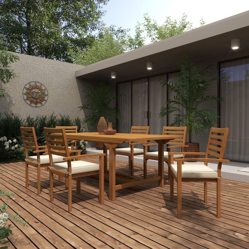 Brown Teak 7-Piece Outdoor Dining Set with White Cushions
