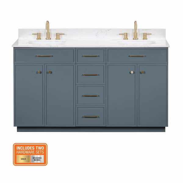 Marcote 60 in. Double Sink Freestanding Slate Blue Bath Vanity with Venato Engineered Stone Top (Assembled)