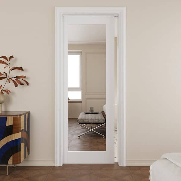 32 in. x 80 in. 1-Lite Mirrored Glass White Door Slab with Pocket Door Frame and Hardware Kit (Soft Close Included)