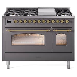 Nostalgie II 48 in. 8-Burner Plus Griddle Double Oven Natural Gas Dual Fuel Range in Graphite Matte with Brass Trim