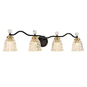 37 in. 4-Light Black And Gold Bathroom Vanity Light Fixture with Textured Glass Shade