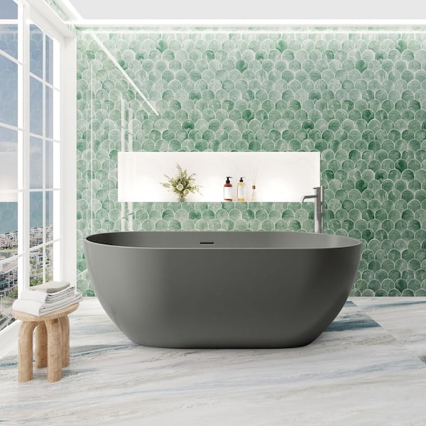 59 in. x 30 in. Solid Surface Soaking Bathtub with Center Drain in Dark Grey