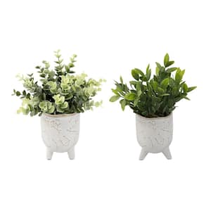 8 in. Artificial H Faux Eucalyptus and Tea Leaf in 3 in. Artificial Ivory Constellation Footed Ceramic Planter,Set of 2