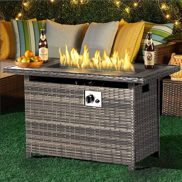 Gray 44 in. Wicker Rectangular Propane Gas Fire Pit Table with Lid, Fire Glass Beads, and Waterproof Cover
