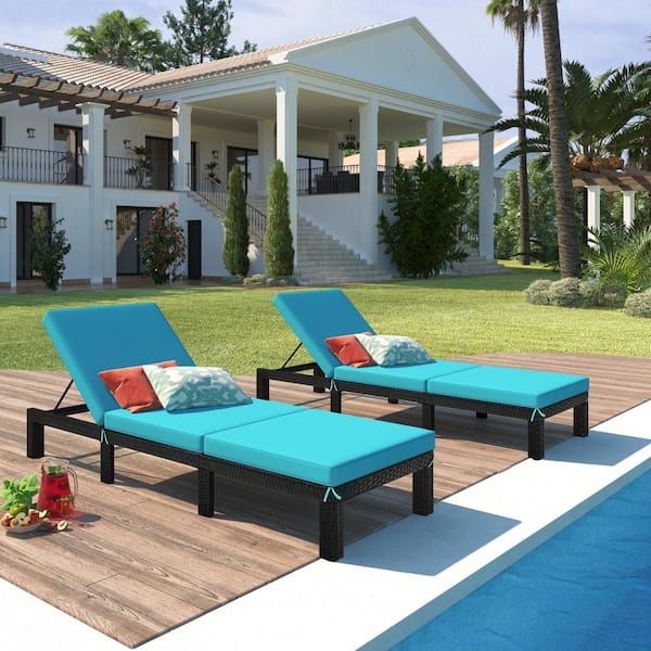 Unbranded Black 2-Piece Wicker Outdoor Chaise Lounge with Blue Cushion
