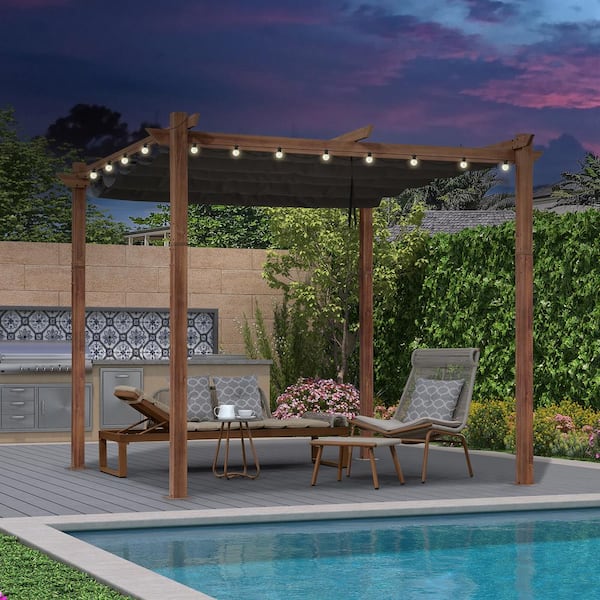 PURPLE LEAF 10 ft. x 10 ft. Natural Wood Grain Pergola with Gray Retractable Sun Shade Canopy Extra Roof and String Lights