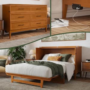 Santa Fe Light Toffee Natural Bronze Solid Wood Frame Queen Murphy Bed Chest with Mattress and Built-in Charger
