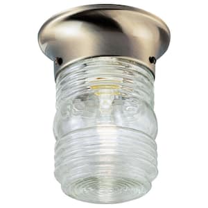 1-Light Antique Brass Steel Flush-Mount Exterior Lantern with Clear Glass