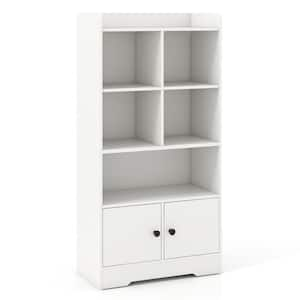 White 4-Tier Bookshelf 2-Door Storage Cabinet with 4-Cubes Display Shelf for Home Office