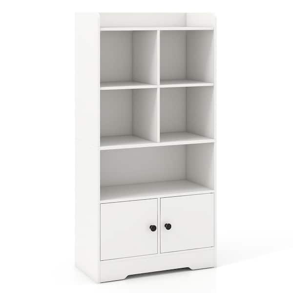 Costway White 4-Tier Bookshelf 2-Door Storage Cabinet with 4-Cubes Display Shelf for Home Office